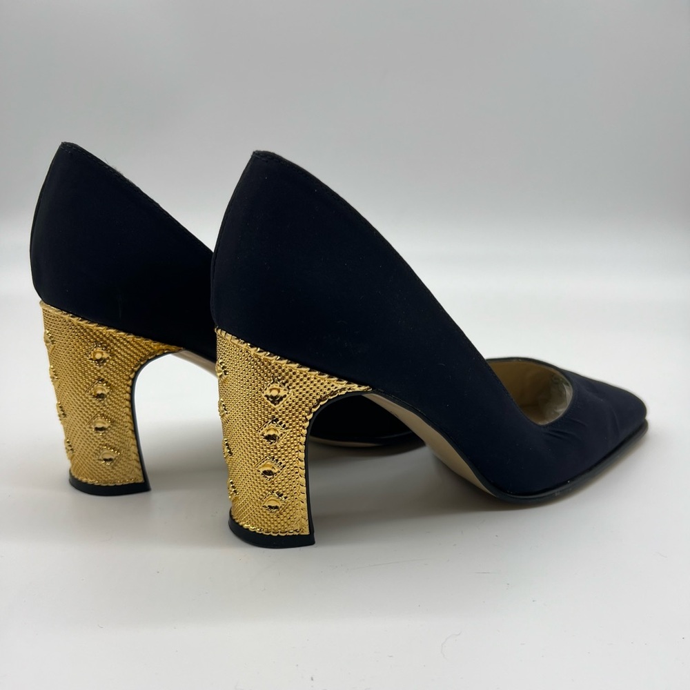 Golden High Heel Black Fabric Pumps Almond Toe Leather Collection Sergio Zelcer